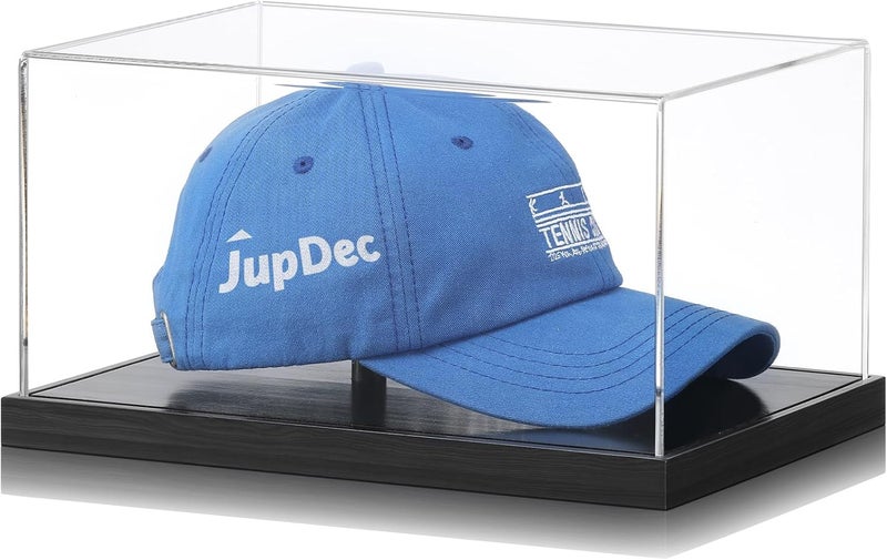 JupDec Hat Display Case, Clear Acrylic Baseball Cap Display Box Stand, UV Protection Signed Hat Transparent Showcase with Solid Wood Base Risers & Hat Shaper, Ideal Gift for Caps Collector, Black - Image 1